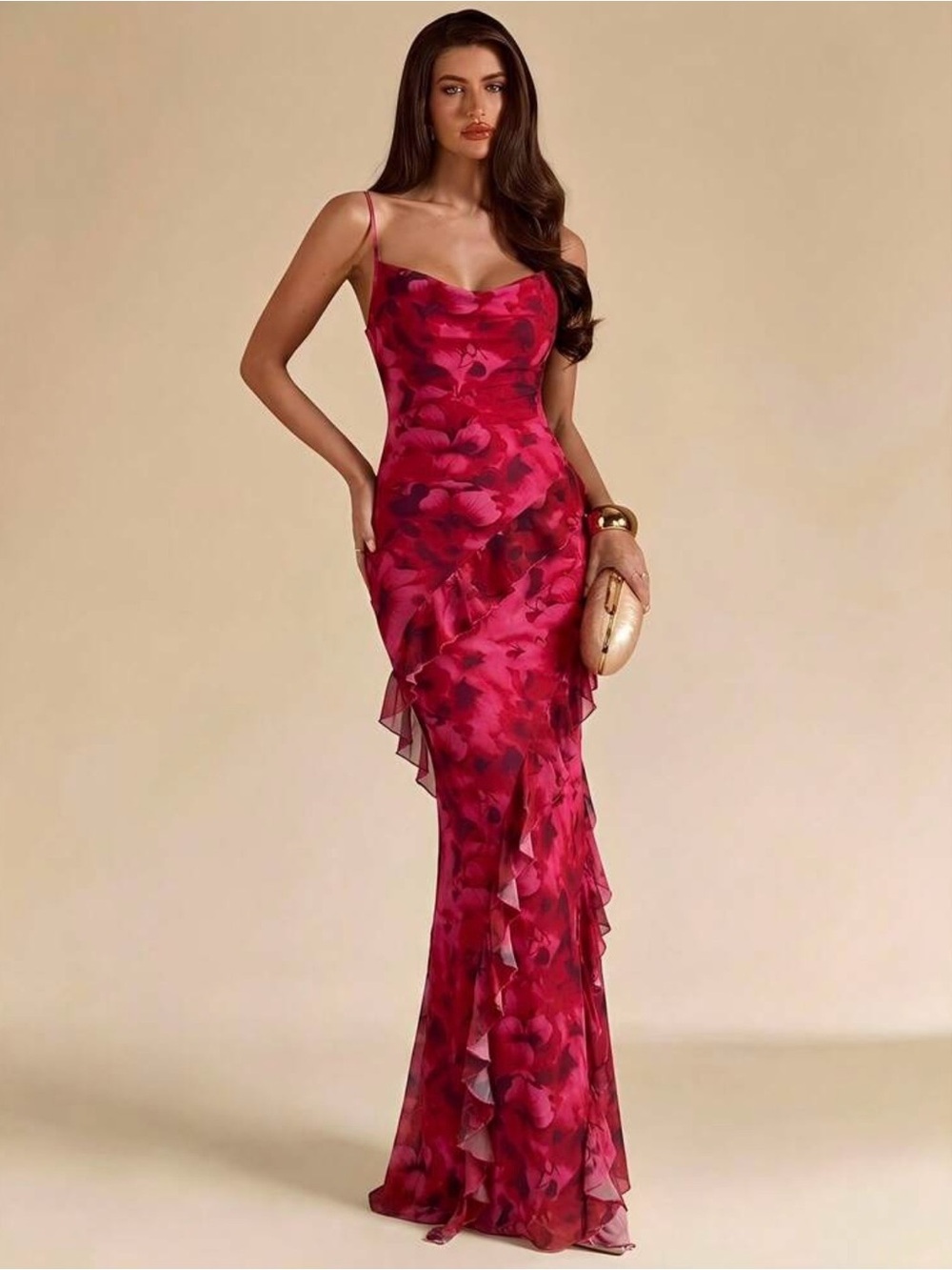 Fuchsia Pink Floral Ruffle Slip Maxi Dress - 8/10 - Picture 5 of 6